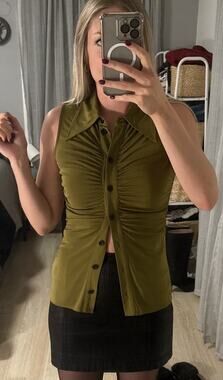 PROENZA SCHOULER WHITE LABEL Army Green Sleeveless Collared Button Front Top XL